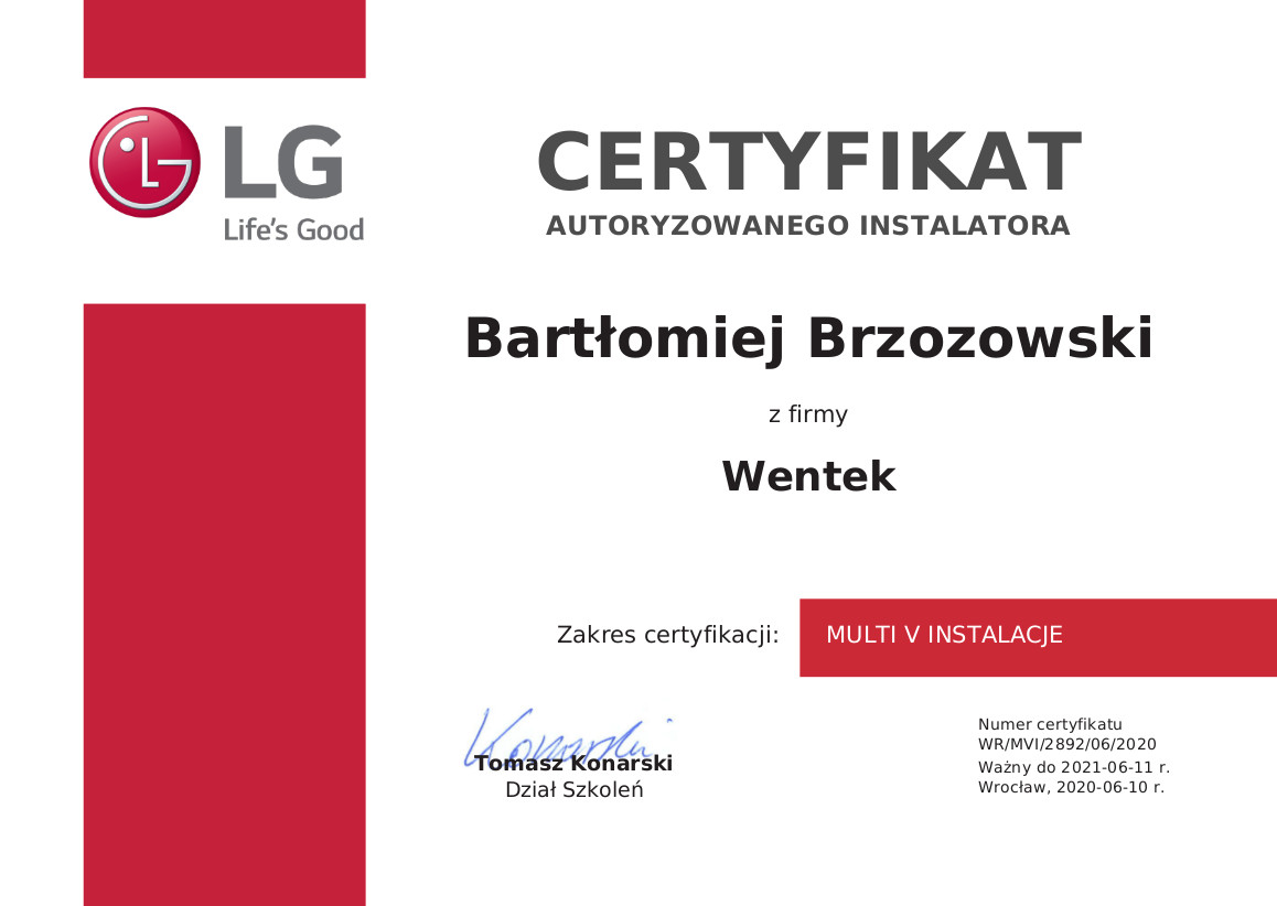 Certyfikat LG z zakresu Multi V Instalacje