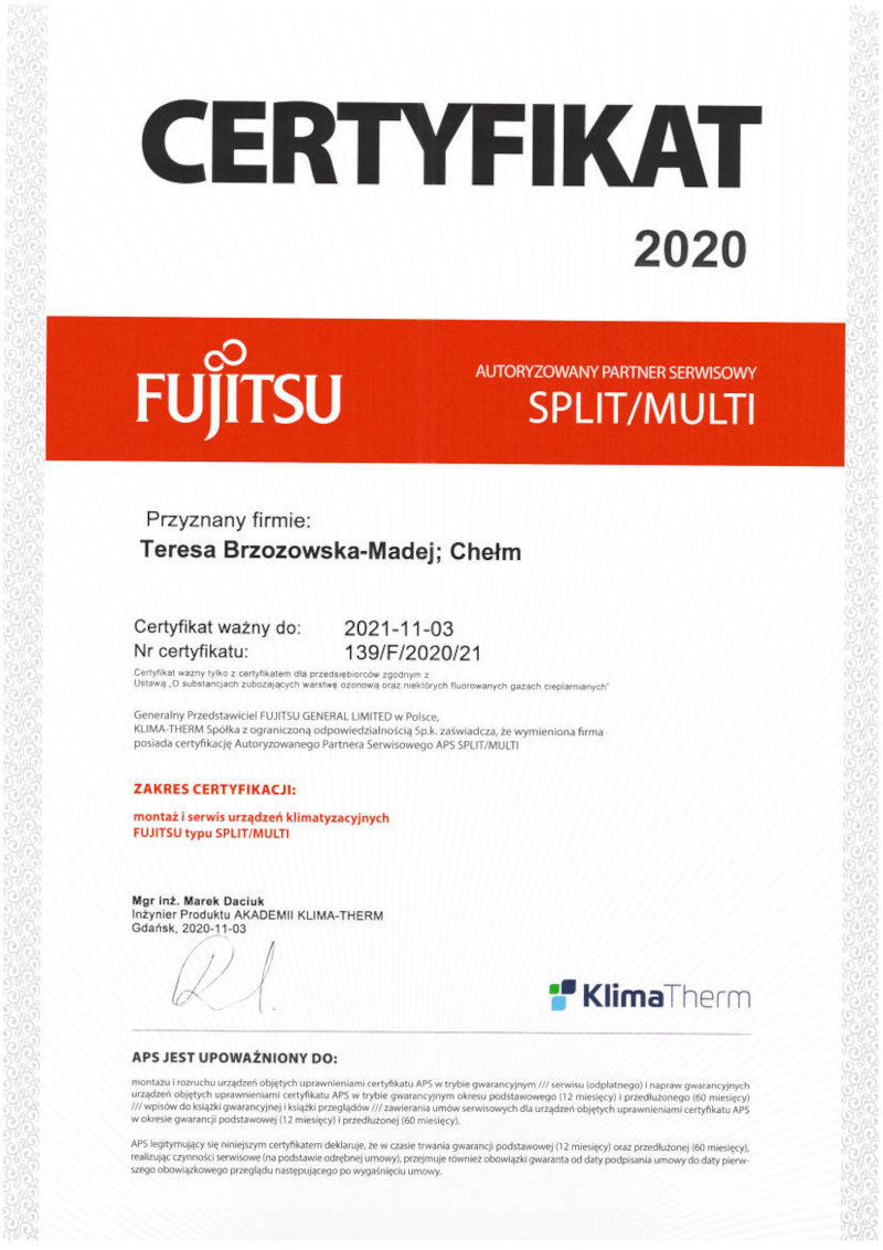 Certyfikat Fujitsu: zakres autoryzacji montaż i serwis urządzeń Fujitsu Split i Multi