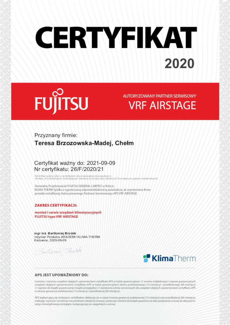Certyfikat Fujitsu: zakres certyfikacji montaż i serwis urządzeń klimatyzacyjnych VRF Airstage