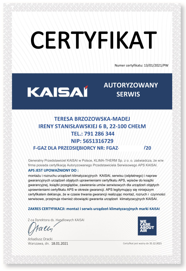 Certyfikat APS Kaisai na montaż, serwis oraz naprawy gwarancyjne.