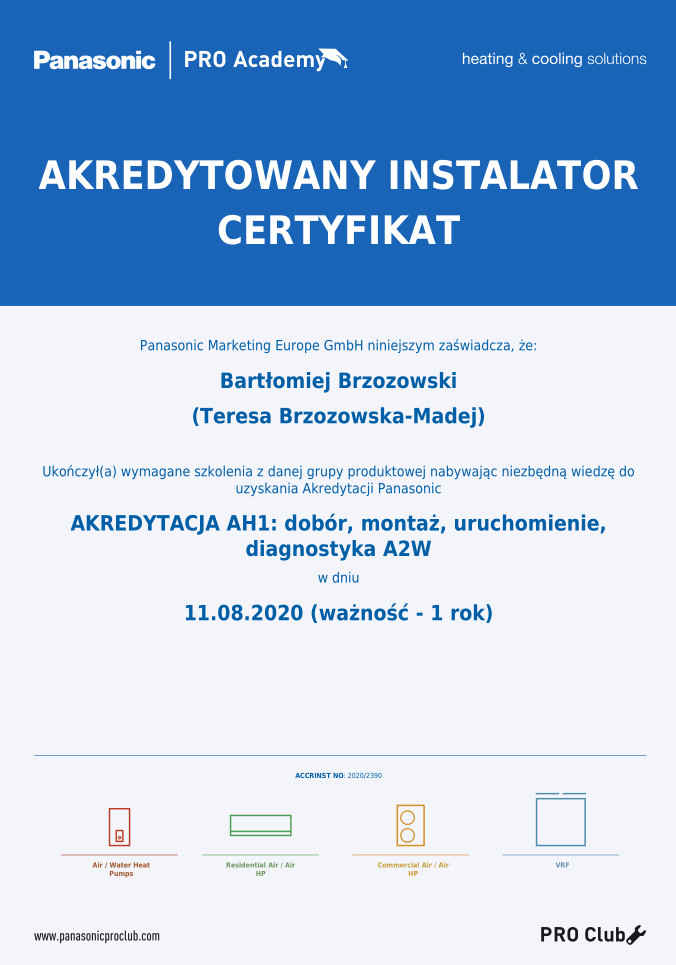 Certyfikat Akredytowanego instalatora Panasonic: zakres akredytacji Pompy Ciepła